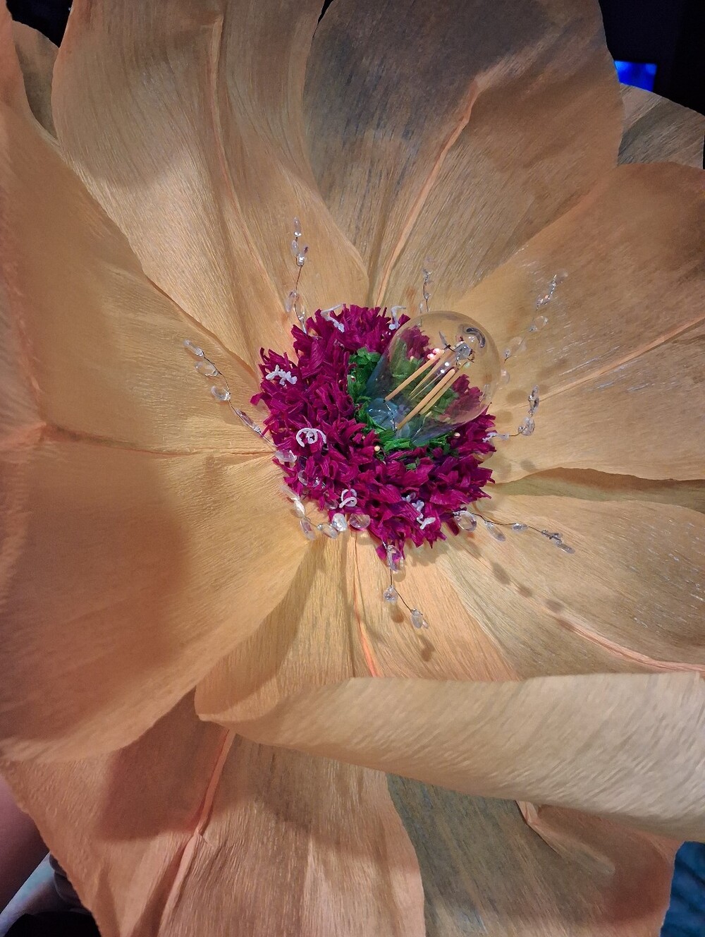 Handcrafted Tangerine Italian Crepe Paper Flower Hanging Lamp, LED